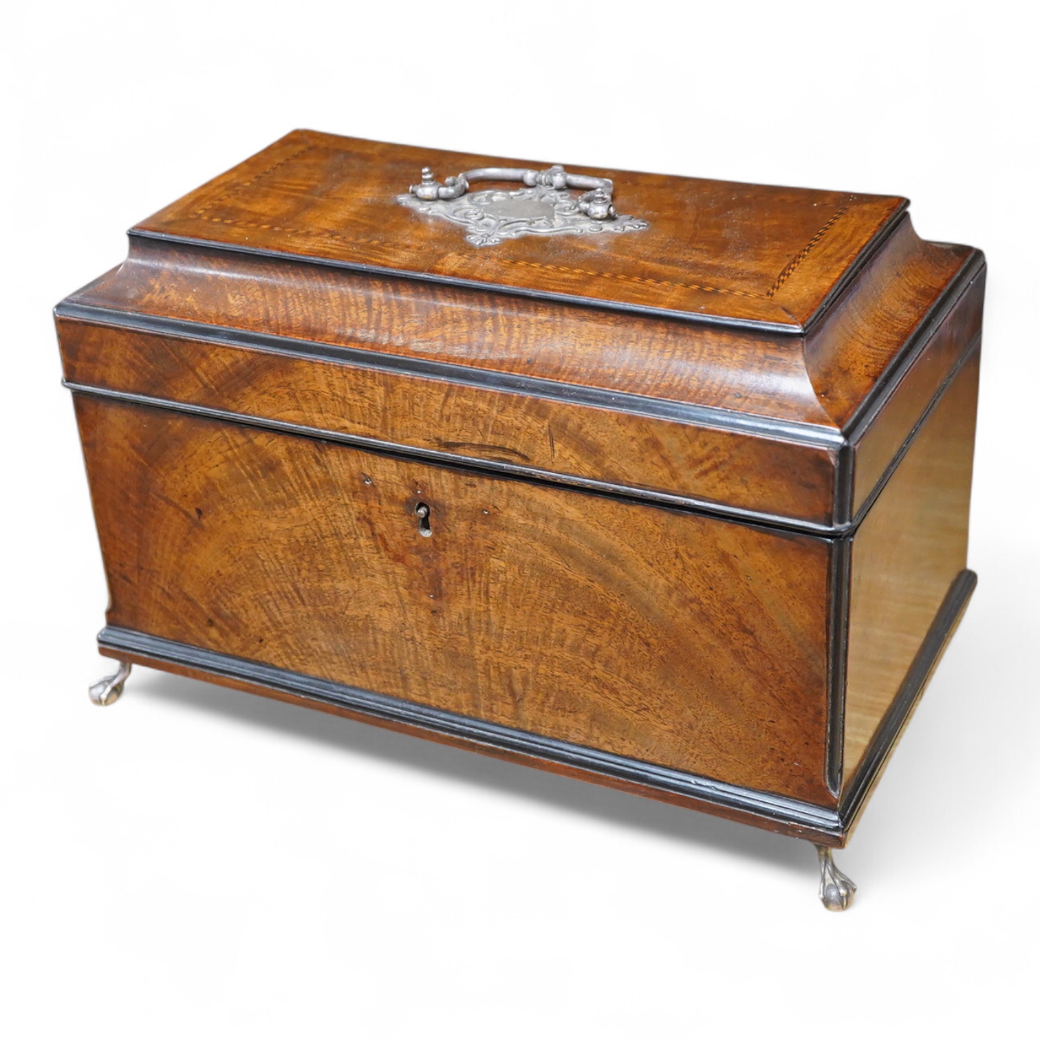 A George III and later flame mahogany veneered writing box raised on ball feet, 30cm wide